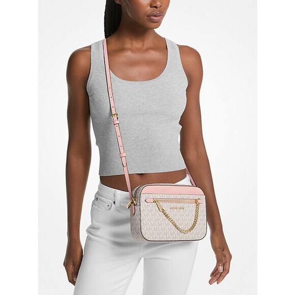 MICHAEL KORS Jet Set Large Logo Crossbody Bag MK Logo White Pink Gray Gold NWT - Picture 1 of 13